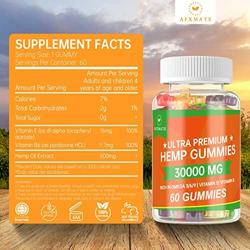 Hemp gummies supplement facts and product image