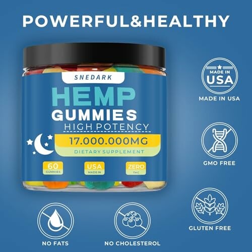 Hemp gummies supplement jar with health benefits icons.