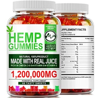 Hemp gummies supplement bottle with nutritional facts.