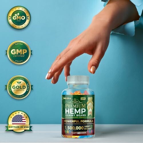Hand reaching for a bottle of premium hemp gummy bears with certification badges.