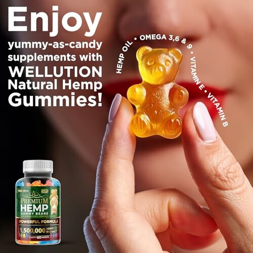 Hand holding a hemp gummy bear with supplement bottle.
