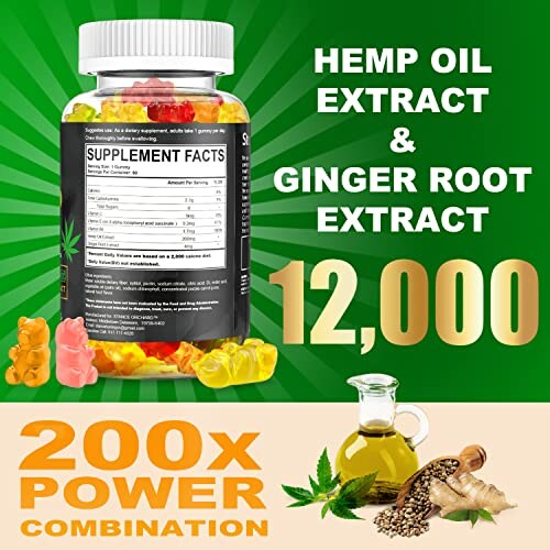 Hemp oil extract and ginger root supplement with gummies and oil illustration.