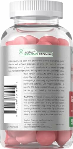 Bottle of Horbach vitamin gummies with non-GMO promise label.