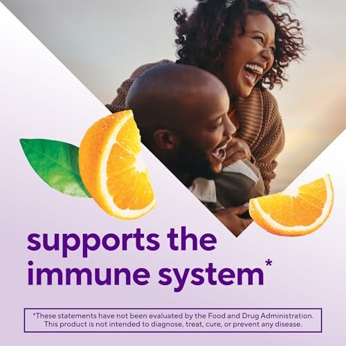 Smiling couple with orange slices promoting immune support.