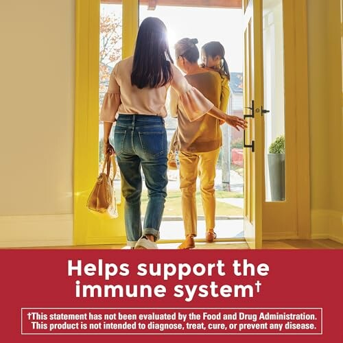 Family entering home with immune support message.