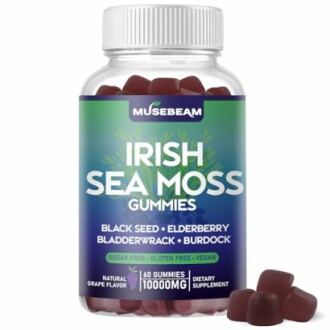 Bottle of Musebeam Irish Sea Moss Gummies with scattered gummies.
