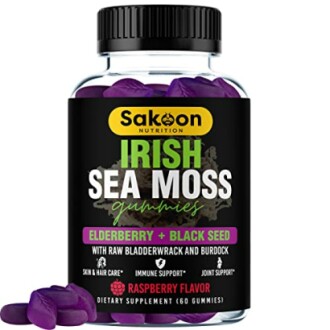 Bottle of Irish Sea Moss gummies with elderberry and black seed flavor.