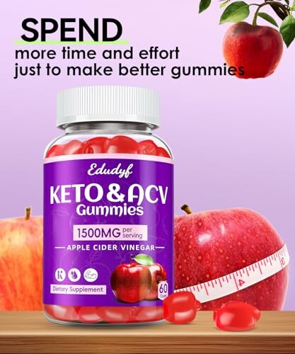 Keto and ACV gummies bottle with apples and measuring tape.