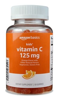 Bottle of Amazon Basics kids' vitamin C gummies, 125 mg, orange flavor, 60 gummies.