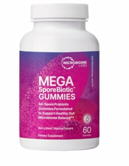 Mega SporeBiotic Gummies bottle, 60 count, berry blast flavor, probiotic supplement.