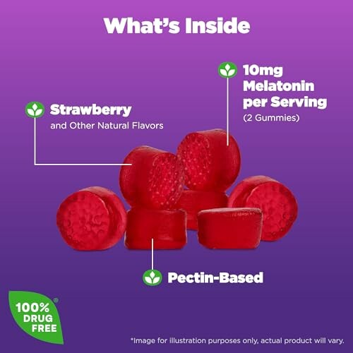Red gummies with strawberry flavor and 10mg melatonin per serving.
