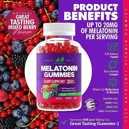 Bottle of melatonin gummies with mixed berries and product benefits listed.