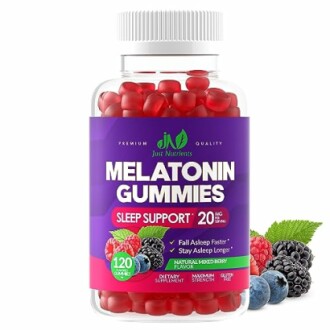 Bottle of melatonin gummies for sleep support with berry flavor.