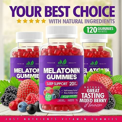 Melatonin gummies with natural ingredients and mixed berry flavor.