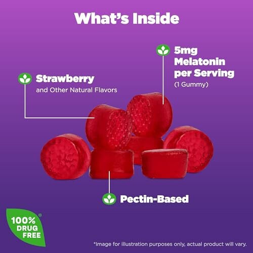 Red melatonin gummies with strawberry flavor and 5mg melatonin per serving.