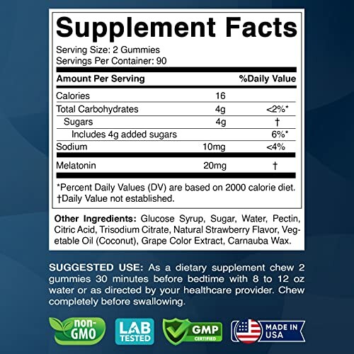 Supplement Facts label for melatonin gummies with nutritional information and suggested use.