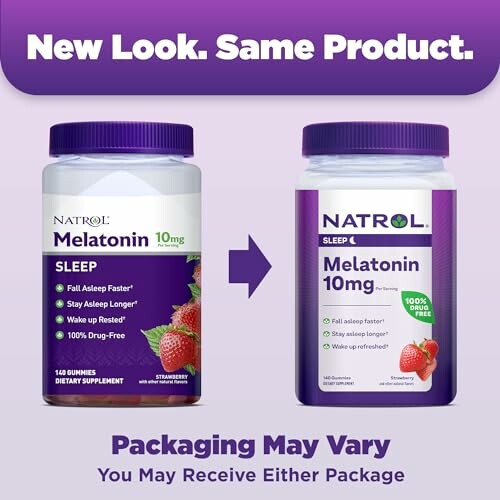 Comparison of new and old packaging for Natrol Melatonin supplement.