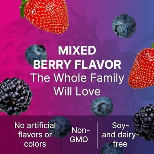 Mixed berry flavor with strawberries, blueberries, and blackberries. No artificial flavors or colors, non-GMO, soy and dairy-free.