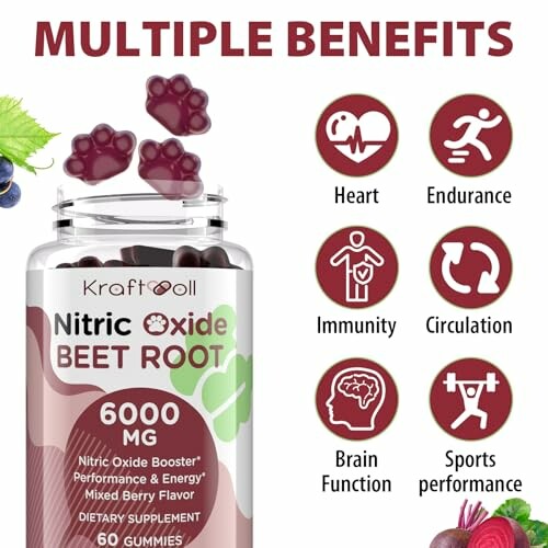 Nitric Oxide Beet Root Gummies with multiple health benefits including heart, endurance, immunity, circulation, brain function, and sports performance.