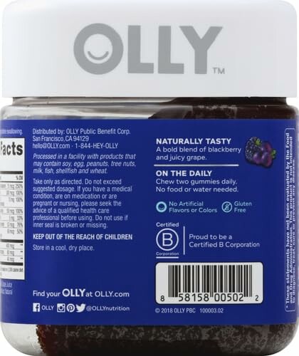 Jar of OLLY blackberry flavored gummies with product information and barcode.