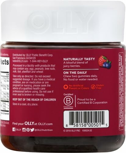 Back label of OLLY gummy vitamins bottle displaying nutritional information and company details.