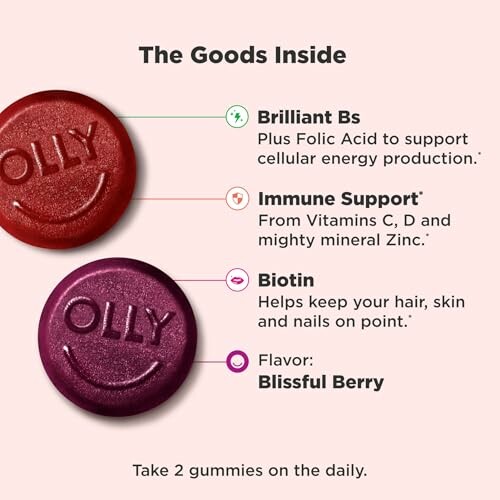 Olly gummy vitamins with benefits: Brilliant Bs, Immune Support, Biotin, Blissful Berry flavor.