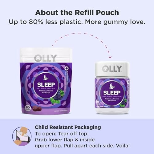OLLY sleep gummy refill pouch and bottle packaging.
