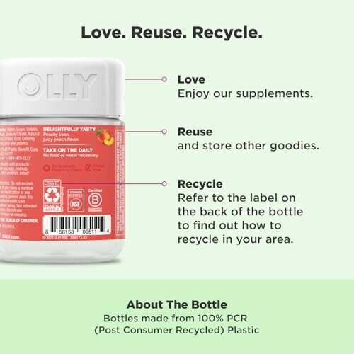 OLLY supplement bottle with recycling information and instructions.