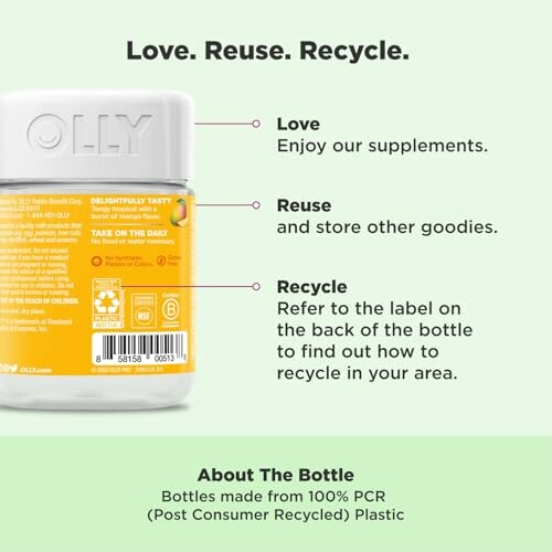 Olly supplement bottle with recycling instructions