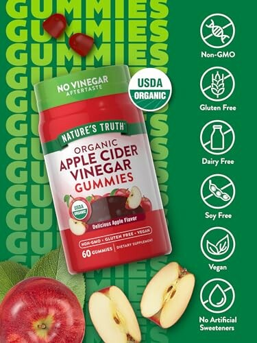 Organic apple cider vinegar gummies with USDA organic label and various dietary icons.