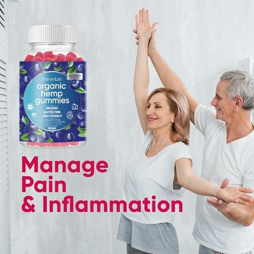 Man and woman exercising, promoting organic hemp gummies for pain and inflammation management.