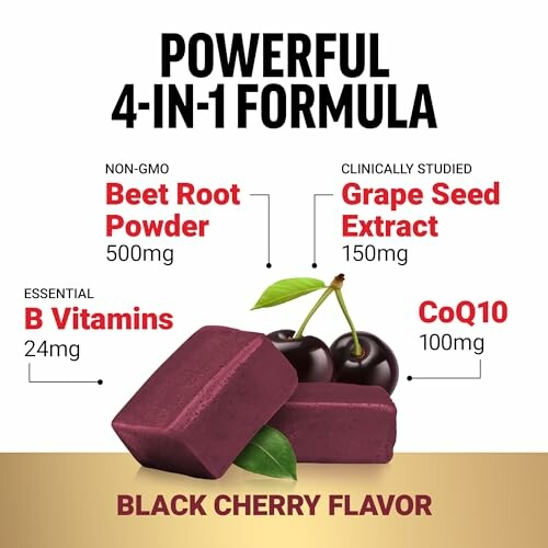 Powerful 4-in-1 formula with beet root powder, grape seed extract, B vitamins, CoQ10, black cherry flavor.
