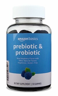 Bottle of Amazon Basics prebiotic and probiotic gummies.