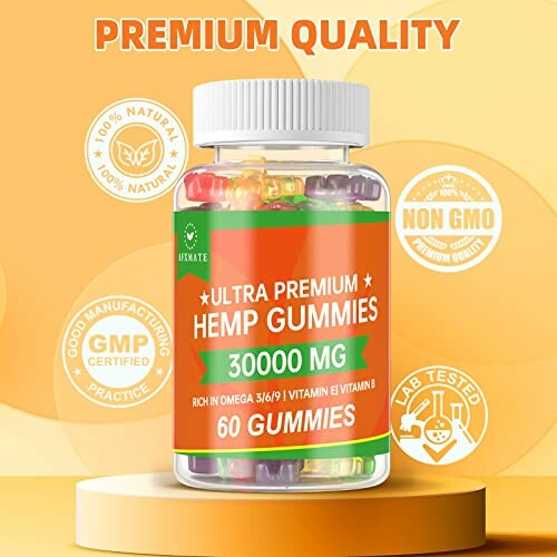 Bottle of ultra premium hemp gummies, 30000 MG, 60 count, with quality certifications.