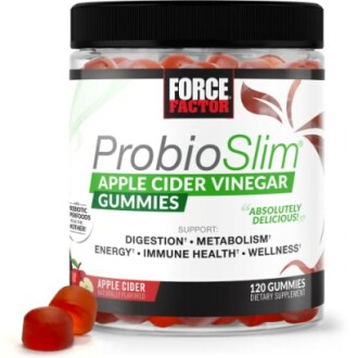 ProbioSlim Apple Cider Vinegar Gummies bottle with 120 gummies for digestion and metabolism support.