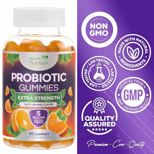 Probiotic gummies bottle with orange slices, non-GMO, quality assured.