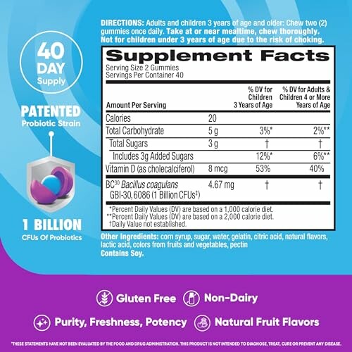 Supplement facts for probiotic gummies with nutritional information and usage directions.