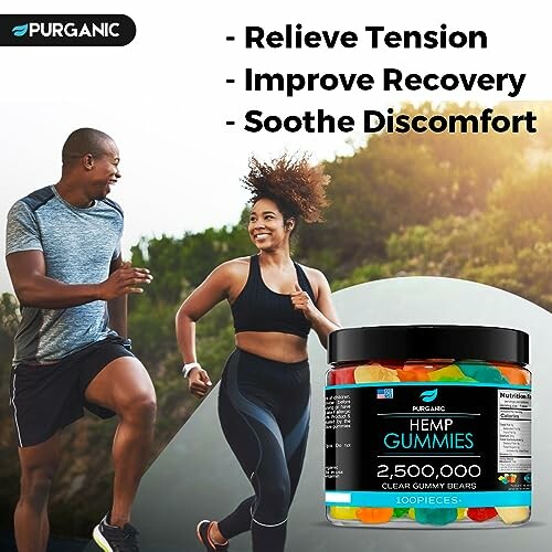 Two people jogging with Purganic Hemp Gummies benefits listed.