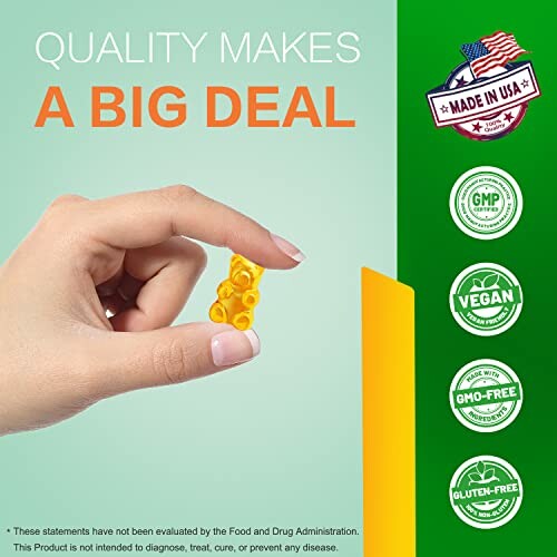 Hand holding supplement with quality assurance labels and Made in USA badge.