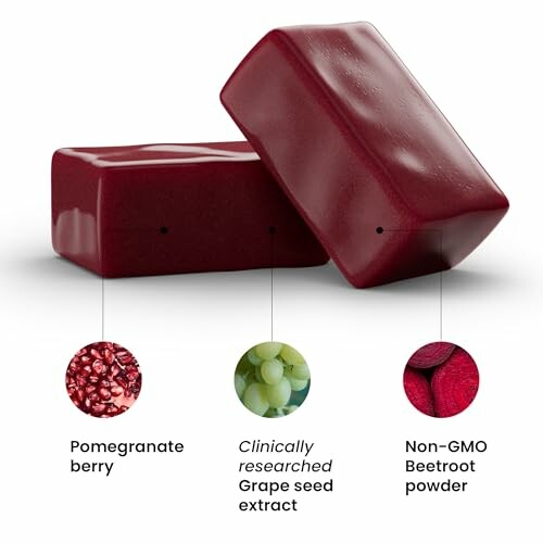 Red gummy supplements with pomegranate, grape seed, and beetroot ingredients.