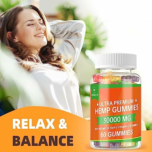 Woman relaxing next to a bottle of hemp gummies.
