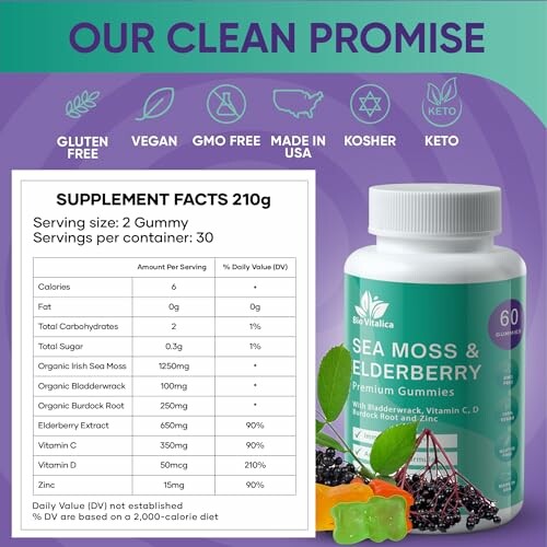 Sea Moss and Elderberry gummies with supplement facts.