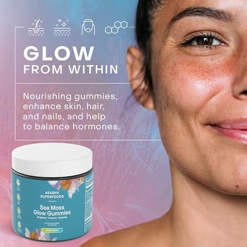 Woman smiling with Sea Moss Glow Gummies container.