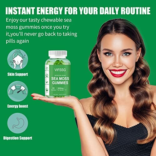 Woman holding sea moss gummies promoting energy and health benefits.