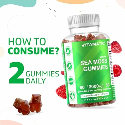 Vegan sea moss gummies bottle with raspberries.