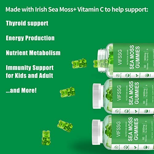 Sea Moss Gummies with Vitamin C benefits including thyroid support and energy production.