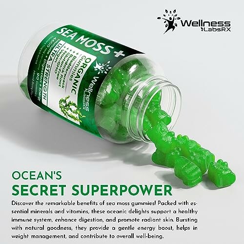Spilled bottle of green sea moss gummies from Wellness Labs RX.