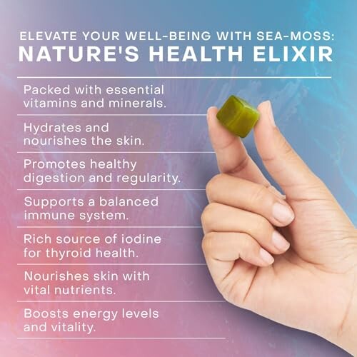 Hand holding a sea moss supplement with health benefits listed.