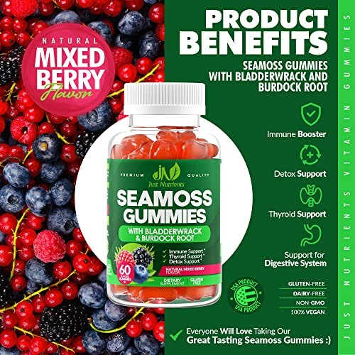Seamoss gummies with mixed berry flavor and health benefits.