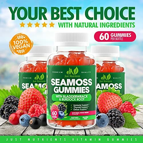 Seamoss gummies with natural ingredients, vegan, 60 gummies per bottle.